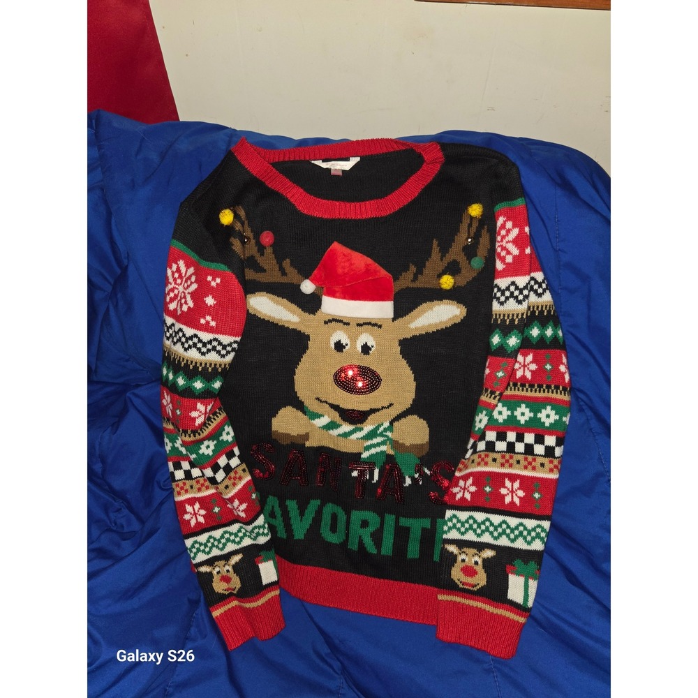 B4.No Boundaries Reindeer Christmas Sweater Santa's Fav Pom Pom Sequin XXL 19